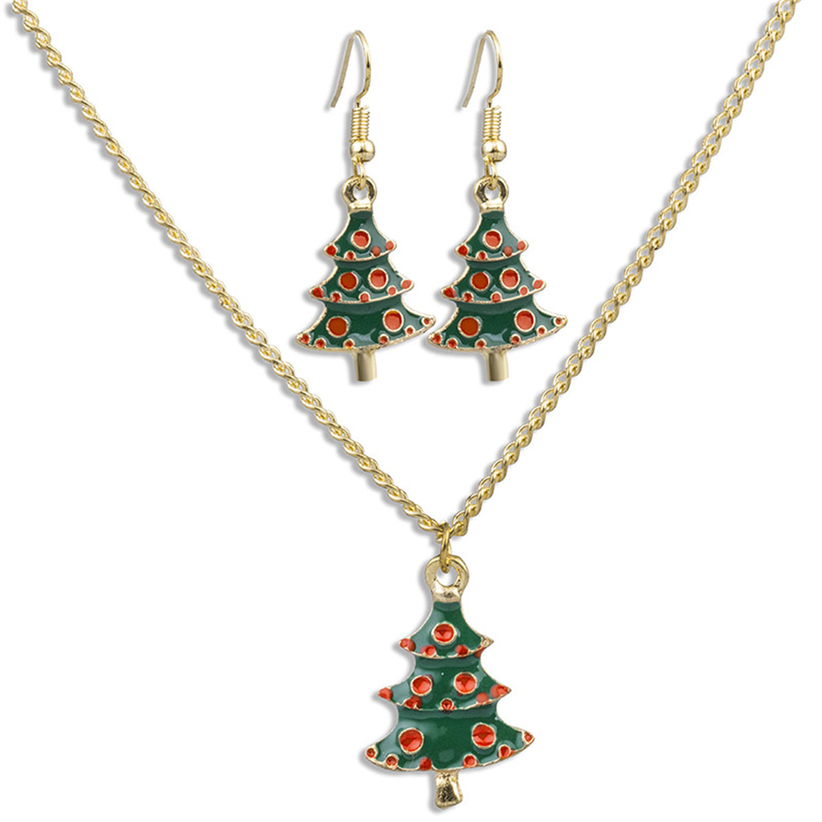 Green Enamel and 18K Gold-Plated Holiday Tree Pendant Necklace and Drop Earrings, gold drop earrings for women, front view