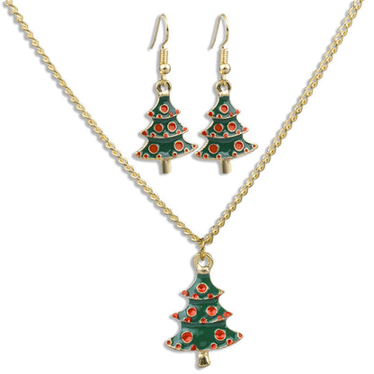 Green Enamel and 18K Gold-Plated Holiday Tree Pendant Necklace and Drop Earrings, gold drop earrings for women, front view