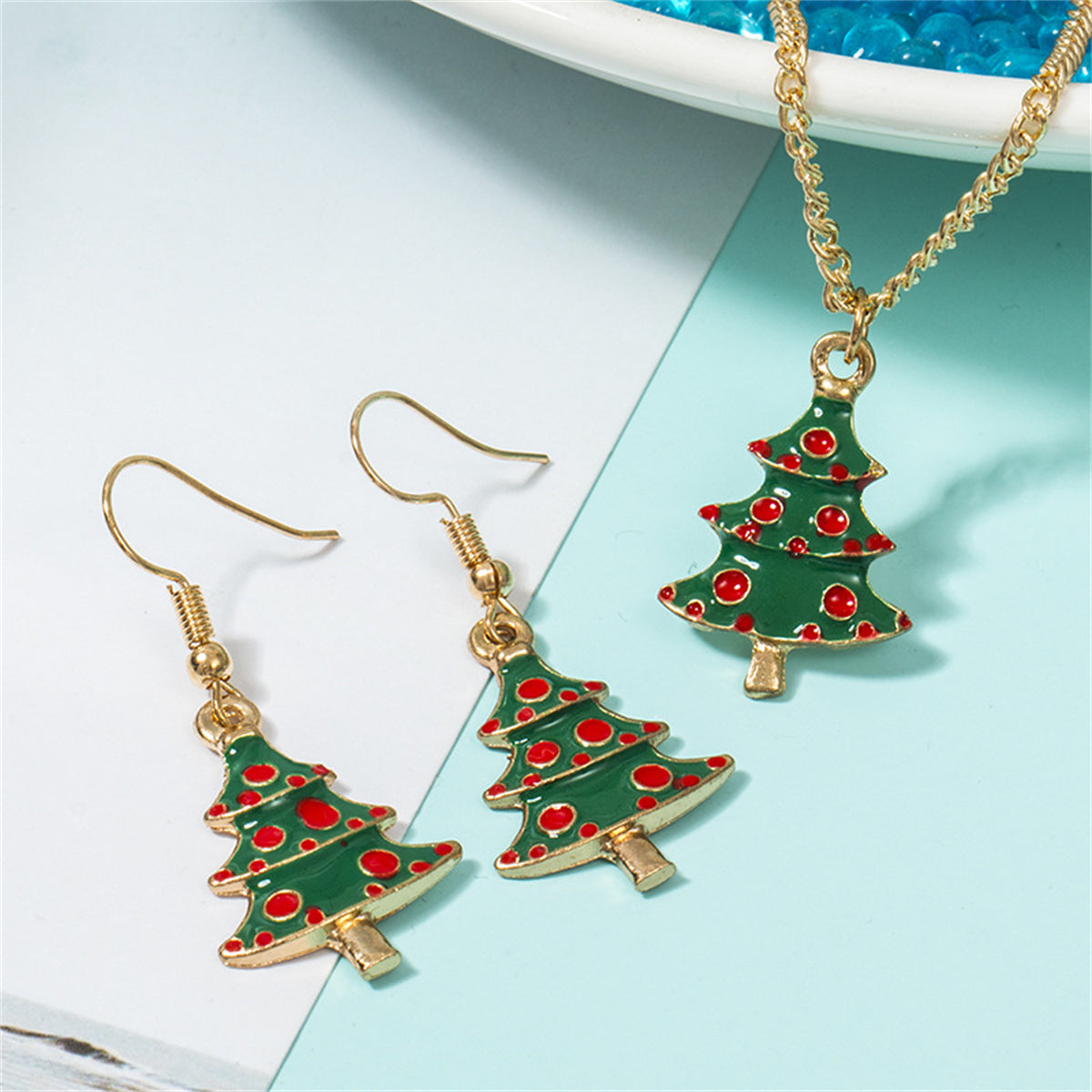 Green Enamel and 18K Gold-Plated Holiday Tree Pendant Necklace and Drop Earrings, gold drop earrings for women, side view