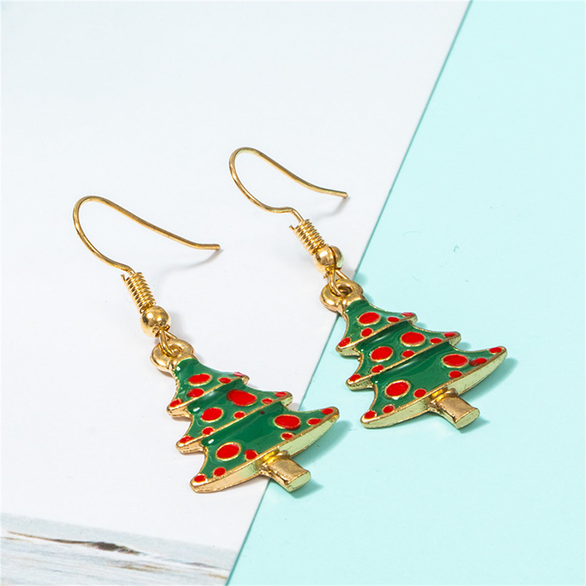 Green Enamel and 18K Gold-Plated Holiday Tree Pendant Necklace and Drop Earrings, gold drop earrings for..., lifestyle look