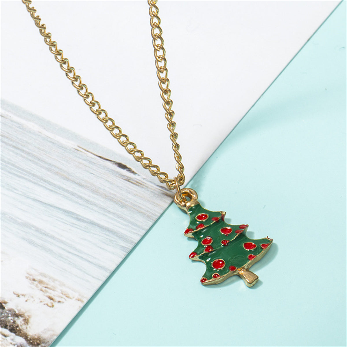 Green Enamel and 18K Gold-Plated Holiday Tree Pendant Necklace and Drop Earrings, gold drop earrings for..., detail close-up