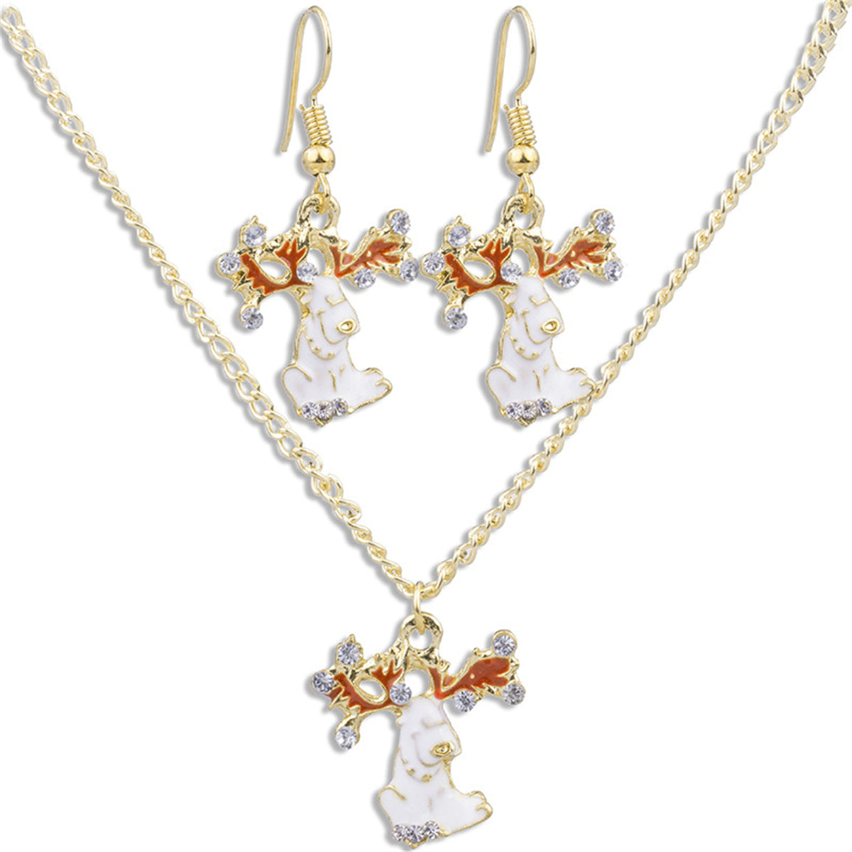 Cubic Zirconia and Enamel 18K Gold-Plated Reindeer Pendant Necklace Set, gold drop earrings for women, front view