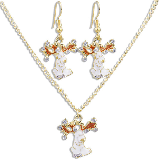 Cubic Zirconia and Enamel 18K Gold-Plated Reindeer Pendant Necklace Set, gold drop earrings for women, front view