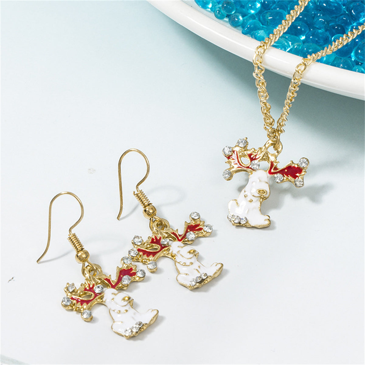 Cubic Zirconia and Enamel 18K Gold-Plated Reindeer Pendant Necklace Set, gold drop earrings for women, side view