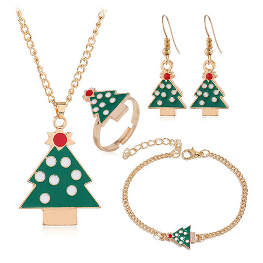 Green Enamel and 18K Gold-Plated Christmas Tree Jewelry Set, gold drop earrings for women, front view
