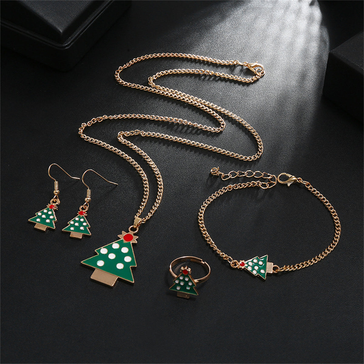 Green Enamel and 18K Gold-Plated Christmas Tree Jewelry Set, gold drop earrings for women, side view