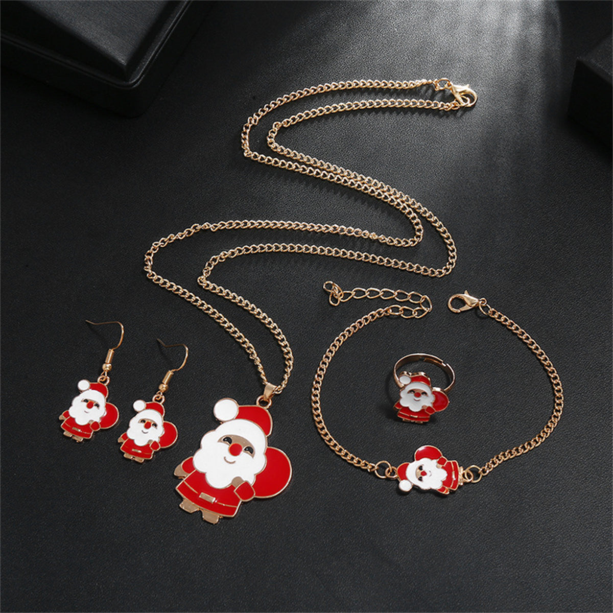 Red Enamel and 18K Gold-Plated Santa Pendant Necklace Set, gold drop earrings for women, vintage-inspired design, front view