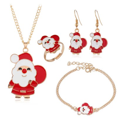 Red Enamel and 18K Gold-Plated Santa Pendant Necklace Set, gold drop earrings for women, vintage-inspired design, side view