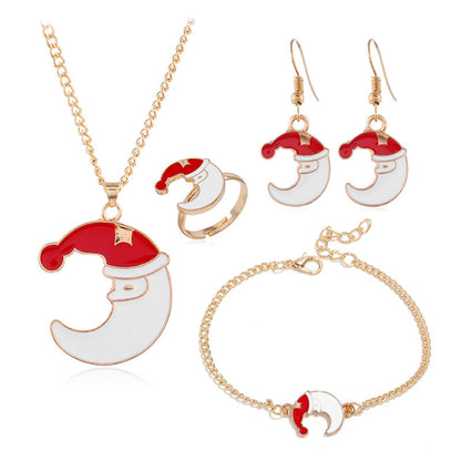 Red and White Santa Moon Pendant Necklace Set, drop earrings for women, botanical inspired, front view
