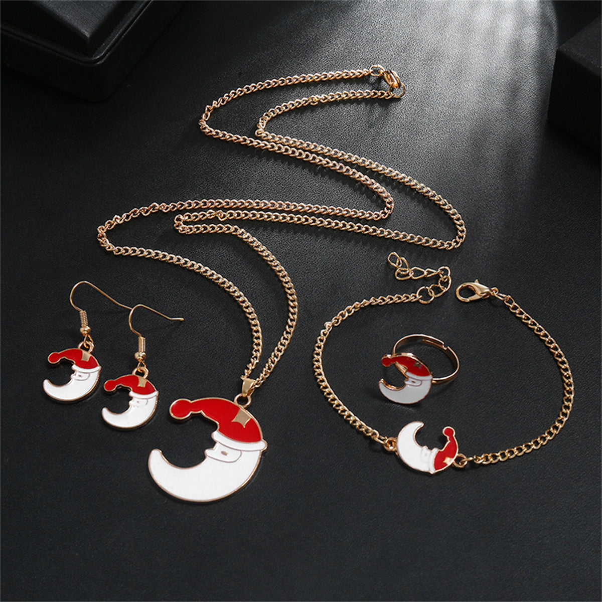 Red and White Santa Moon Pendant Necklace Set, drop earrings for women, botanical inspired, side view
