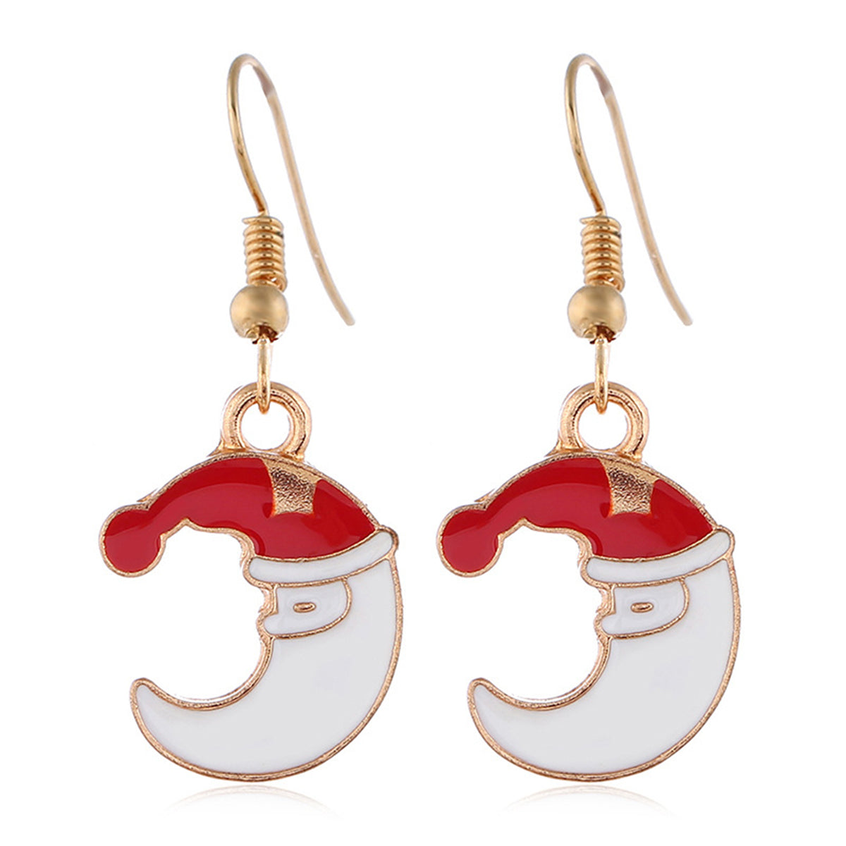 Red and White Santa Moon Pendant Necklace Set, drop earrings for women, botanical inspired, detail close-up
