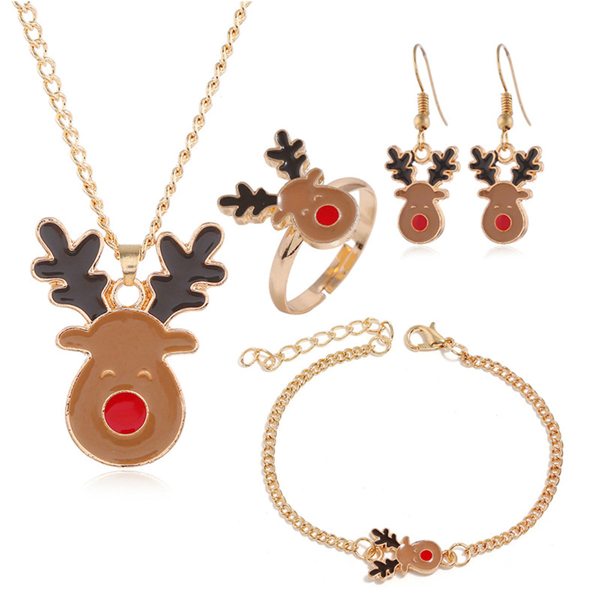 Brown Enamel & 18K Gold-Plated Reindeer Jewelry Set