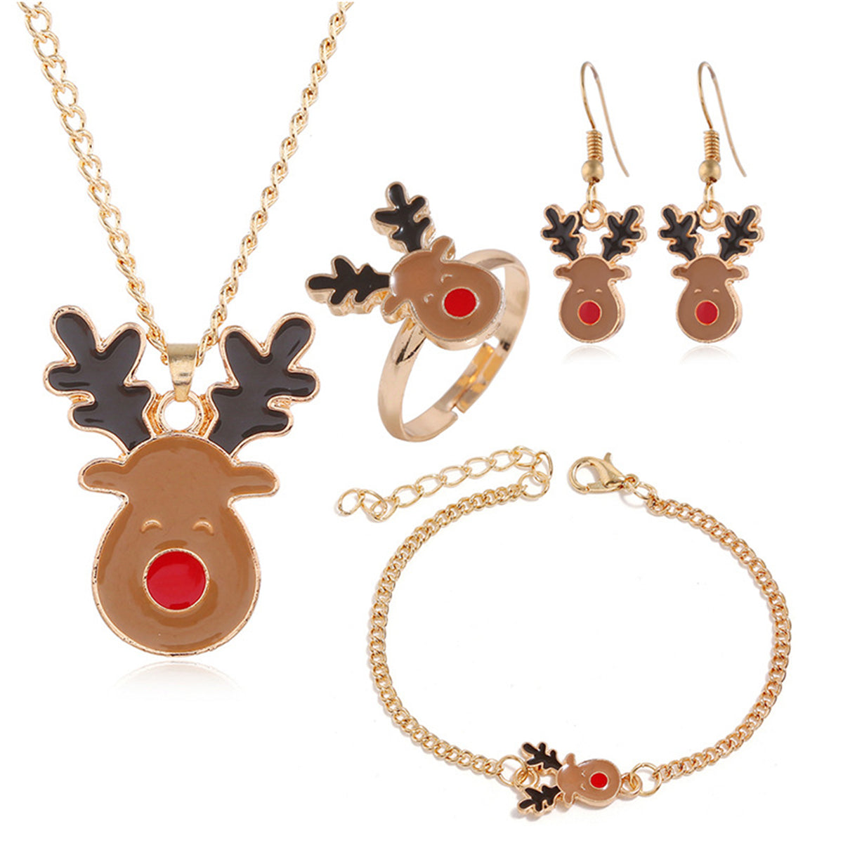 Brown Enamel and 18K Gold-Plated Reindeer Jewelry Set, gold drop earrings for women, elegant gift for her, lifestyle look