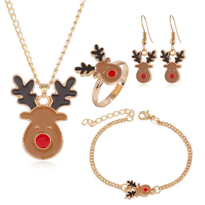Brown Enamel and 18K Gold-Plated Reindeer Jewelry Set, gold drop earrings for women, elegant gift for her, lifestyle look