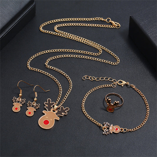 Brown Enamel and 18K Gold-Plated Reindeer Jewelry Set, gold drop earrings for women, elegant gift for her, front view