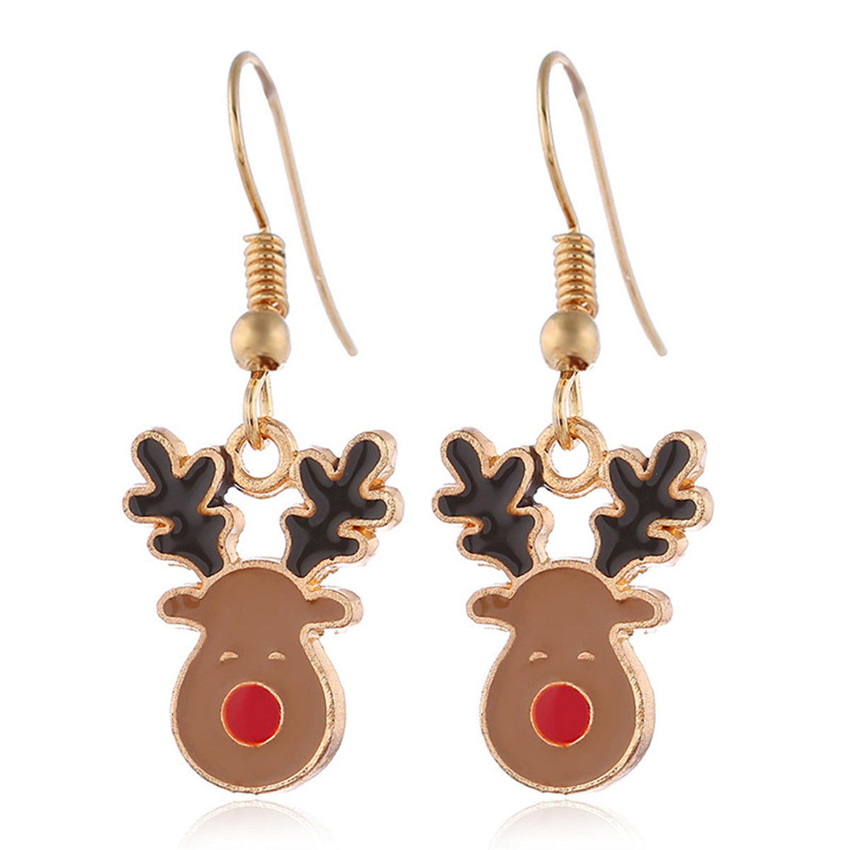 Brown Enamel and 18K Gold-Plated Reindeer Jewelry Set, gold drop earrings for women, elegant gift for her, styled look