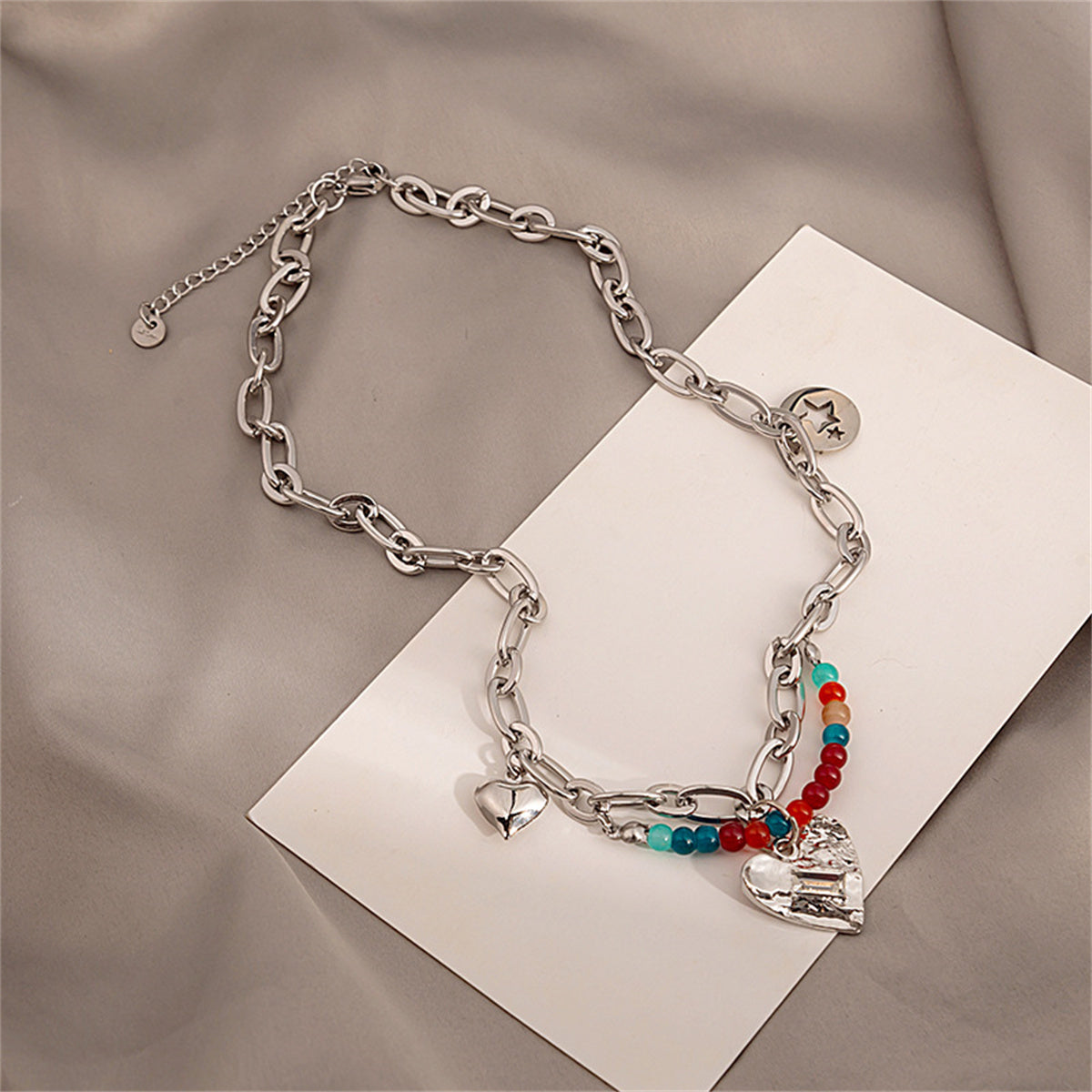 Multicolor Quartz and Silver-Plated Beaded Heart Pendant Necklace, silver pendant necklace for women, front view