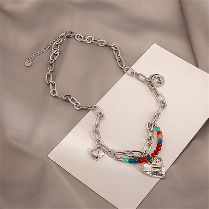 Multicolor Quartz and Silver-Plated Beaded Heart Pendant Necklace, silver pendant necklace for women, front view