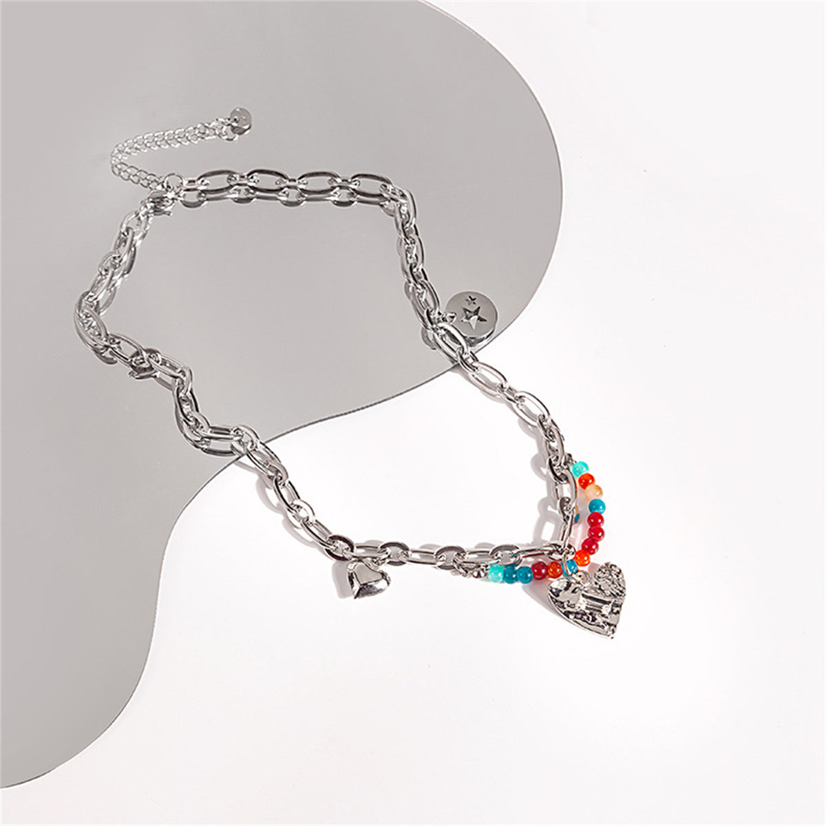 Multicolor Quartz and Silver-Plated Beaded Heart Pendant Necklace, silver pendant necklace for women, detail close-up