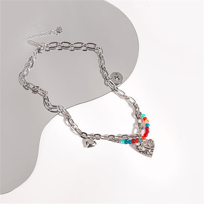 Multicolor Quartz and Silver-Plated Beaded Heart Pendant Necklace, silver pendant necklace for women, detail close-up