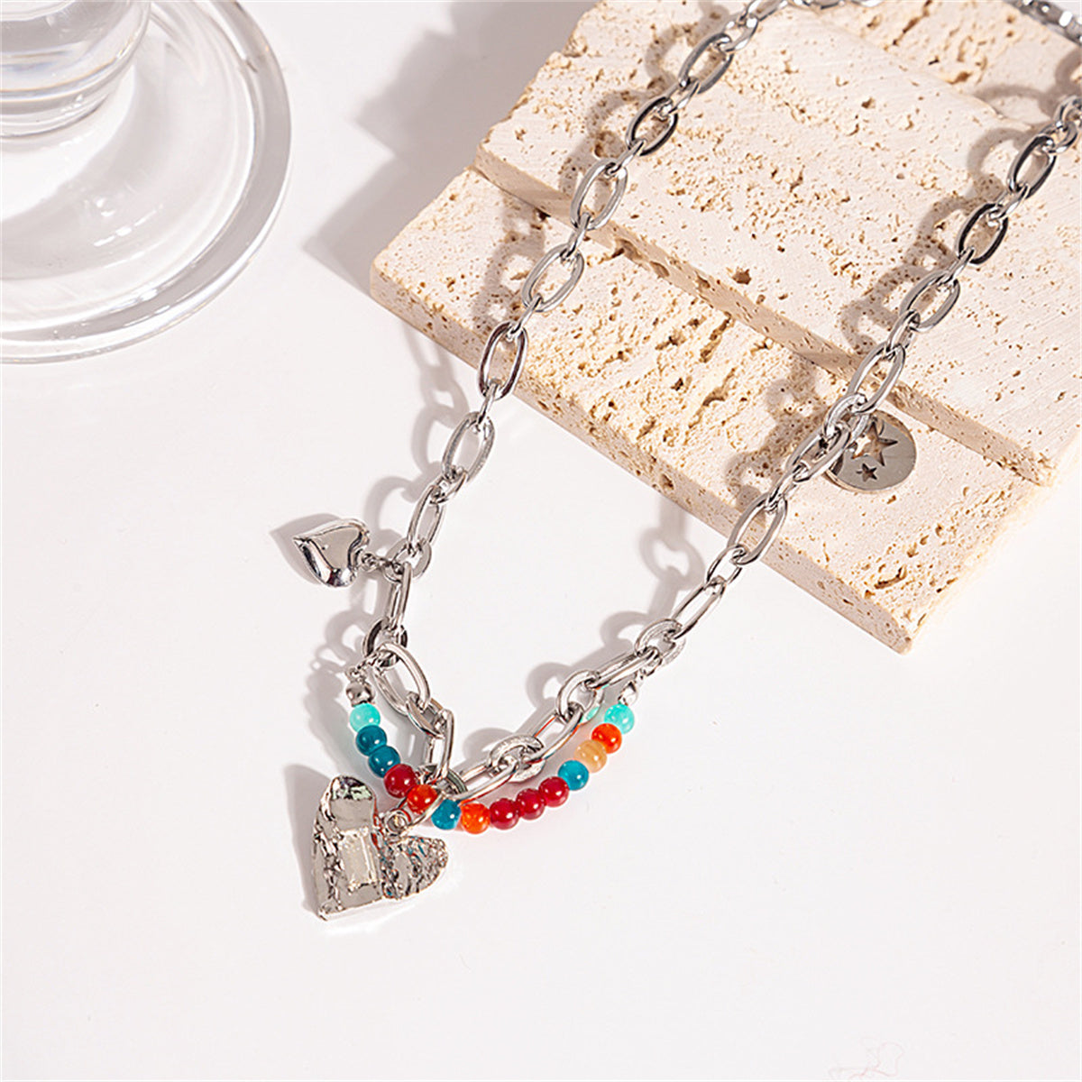 Multicolor Quartz and Silver-Plated Beaded Heart Pendant Necklace, silver pendant necklace for women, lifestyle look