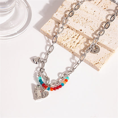 Multicolor Quartz and Silver-Plated Beaded Heart Pendant Necklace, silver pendant necklace for women, lifestyle look
