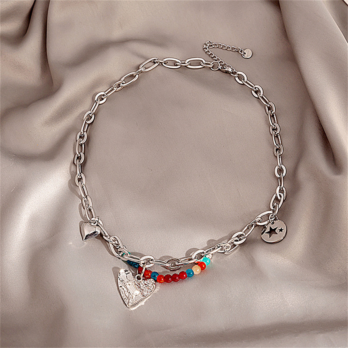 Multicolor Quartz and Silver-Plated Beaded Heart Pendant Necklace, silver pendant necklace for women, side view