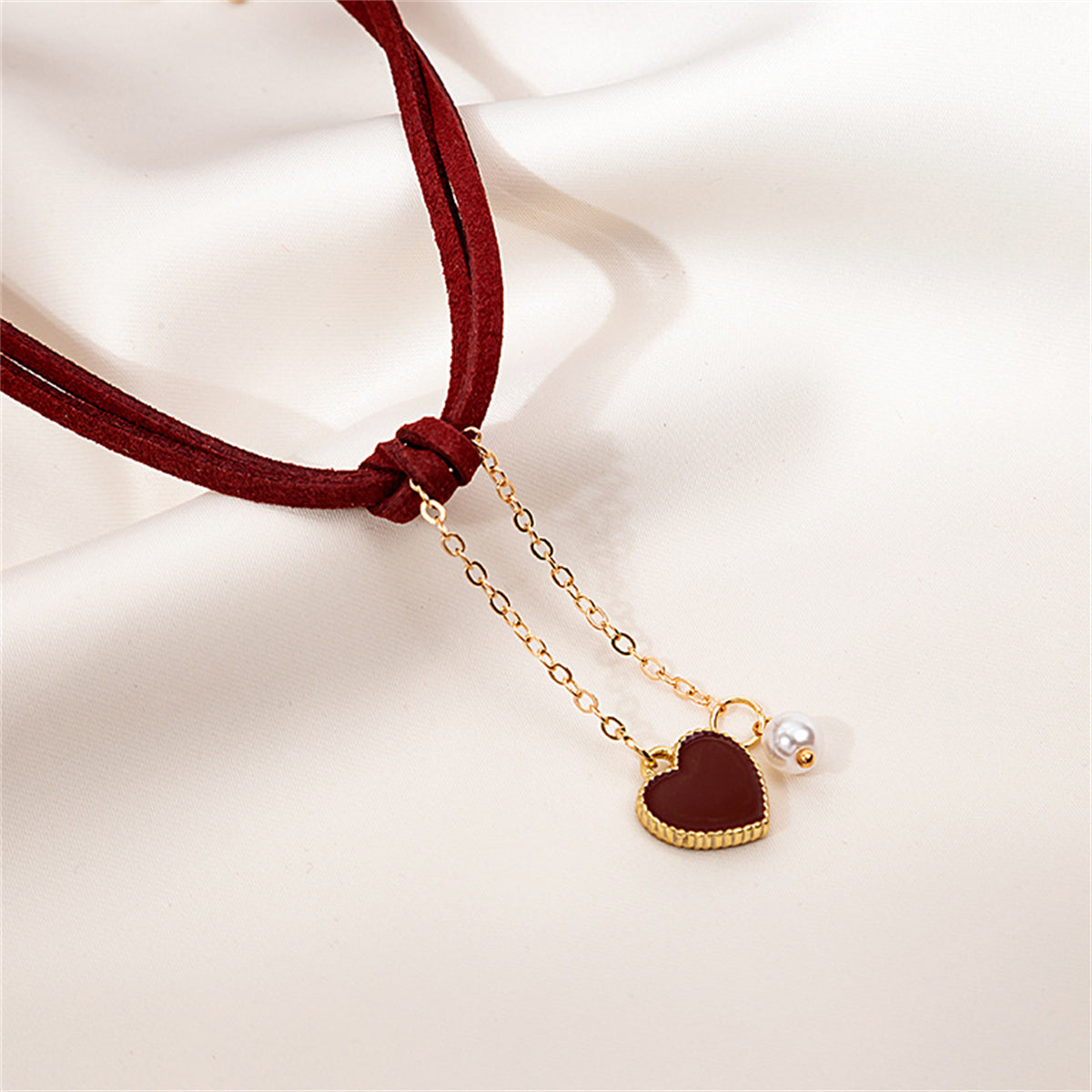 Pearl and Red Nylon 18K Gold-Plated Heart Tassel Necklace, gold pendant necklace for women, botanical inspired, front view