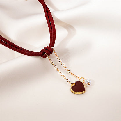 Pearl and Red Nylon 18K Gold-Plated Heart Tassel Necklace, gold pendant necklace for women, botanical inspired, front view