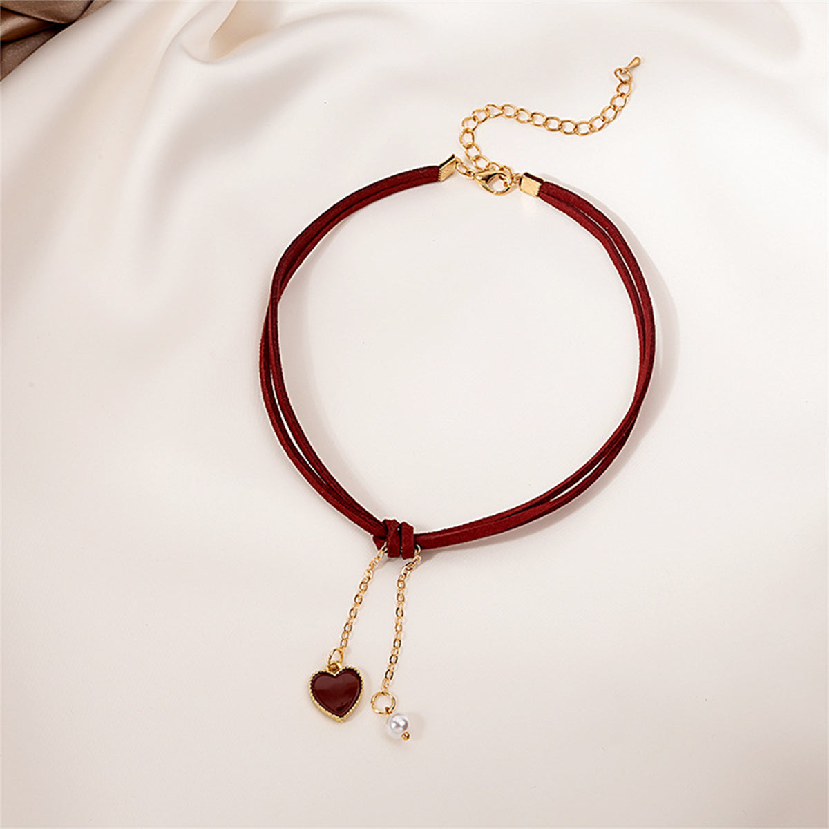 Pearl and Red Nylon 18K Gold-Plated Heart Tassel Necklace, gold pendant necklace for women, lifestyle look