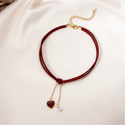Pearl and Red Nylon 18K Gold-Plated Heart Tassel Necklace, gold pendant necklace for women, lifestyle look