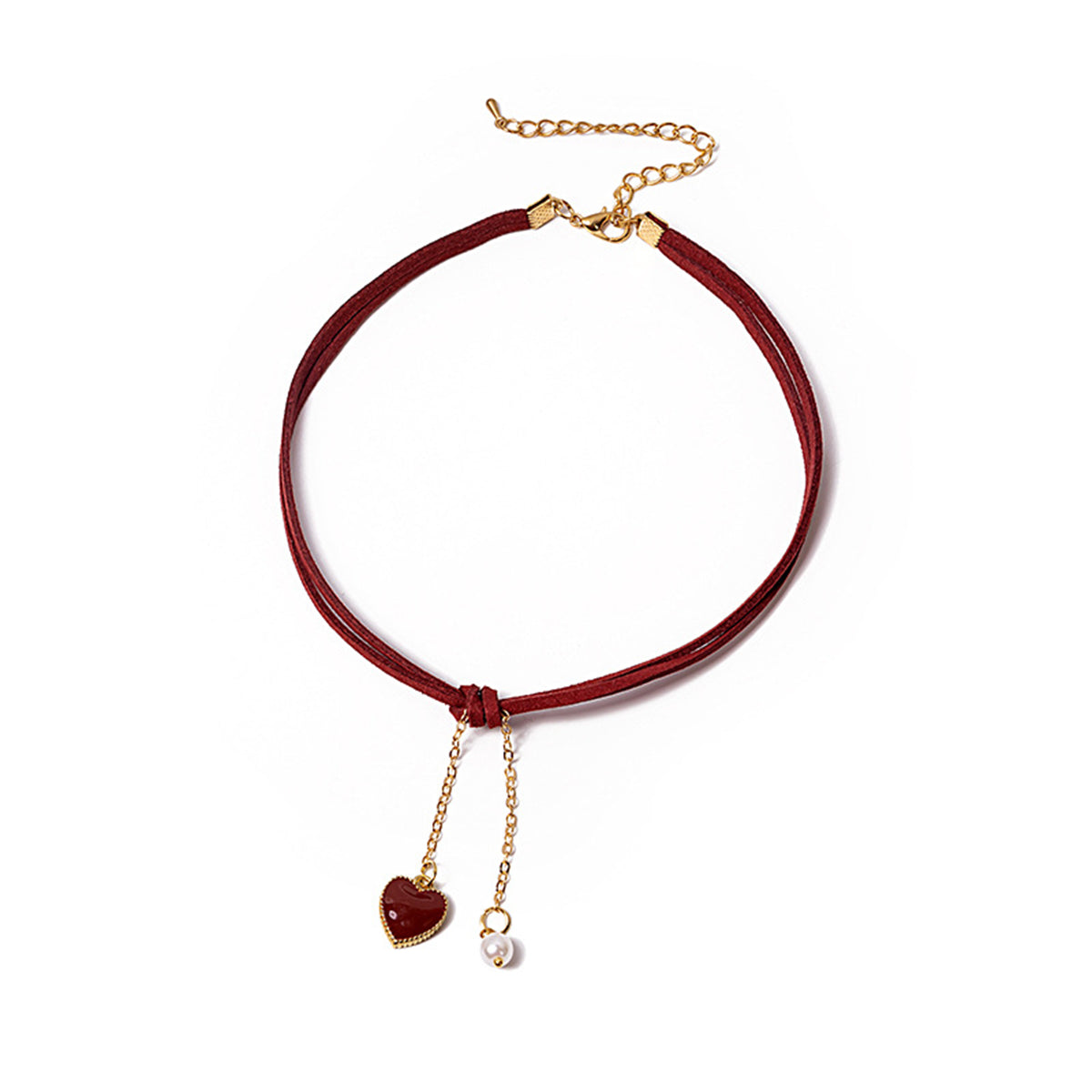 Pearl and Red Nylon 18K Gold-Plated Heart Tassel Necklace, gold pendant necklace for women, botanical inspired, side view