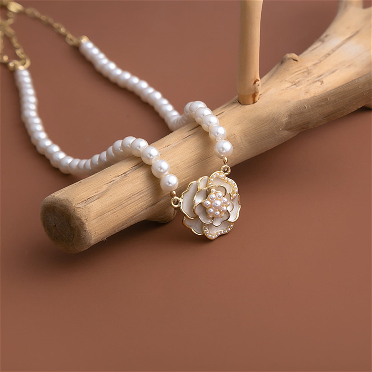 Pearl and Enamel 18K Gold-Plated Camellia Pendant Necklace, gold pendant necklace for women, lifestyle look