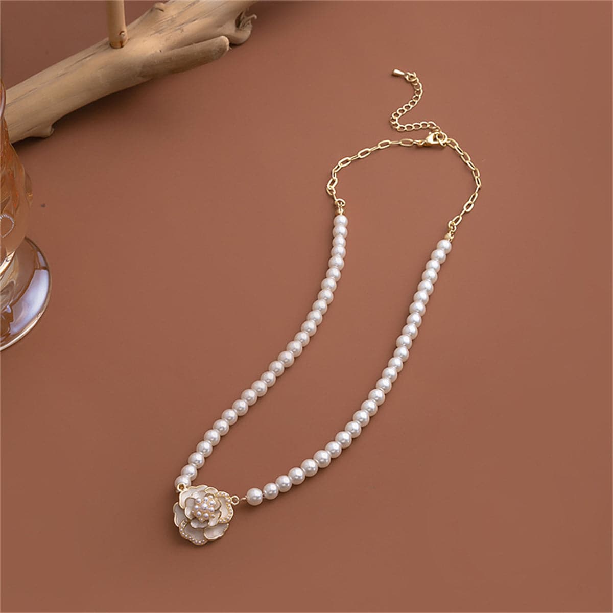 Pearl and Enamel 18K Gold-Plated Camellia Pendant Necklace, gold pendant necklace for women, elegant gift for her, front view