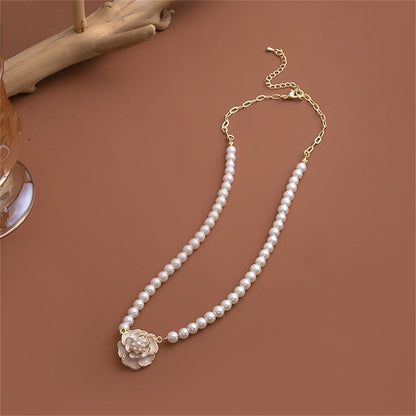 Pearl and Enamel 18K Gold-Plated Camellia Pendant Necklace, gold pendant necklace for women, elegant gift for her, front view