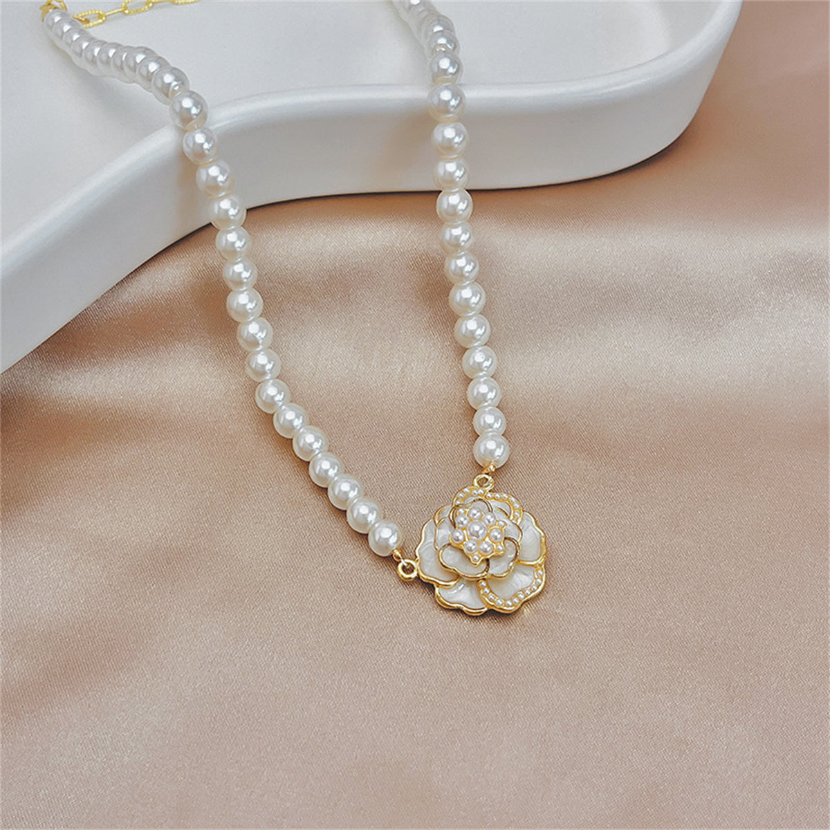 Pearl and Enamel 18K Gold-Plated Camellia Pendant Necklace, gold pendant necklace for women, styled look
