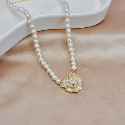 Pearl and Enamel 18K Gold-Plated Camellia Pendant Necklace, gold pendant necklace for women, styled look