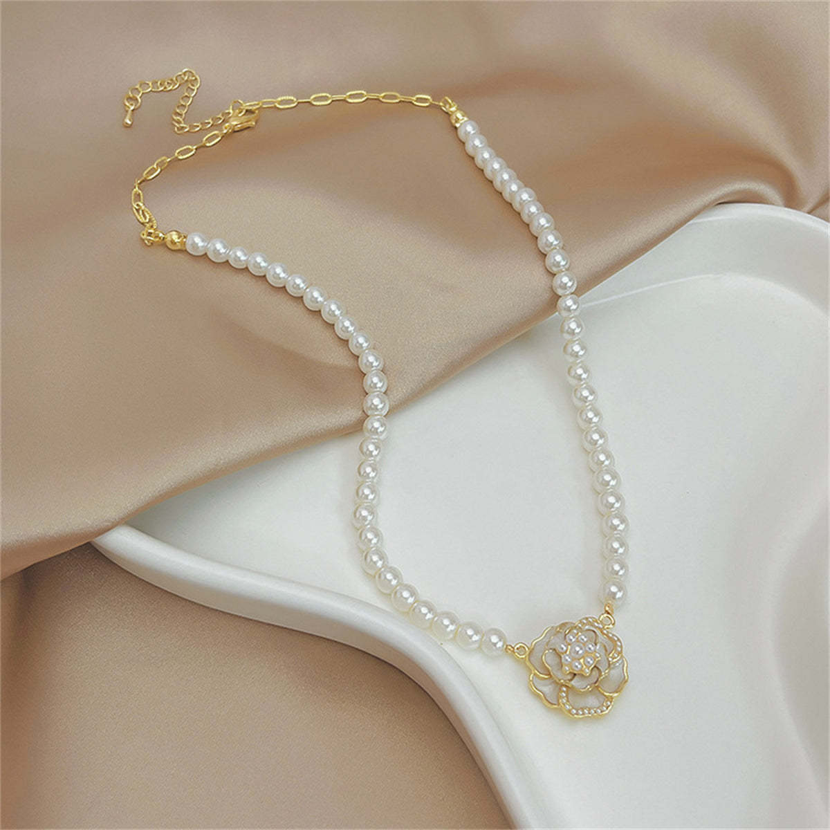 Pearl and Enamel 18K Gold-Plated Camellia Pendant Necklace, gold pendant necklace for women, elegant gift for her, side view