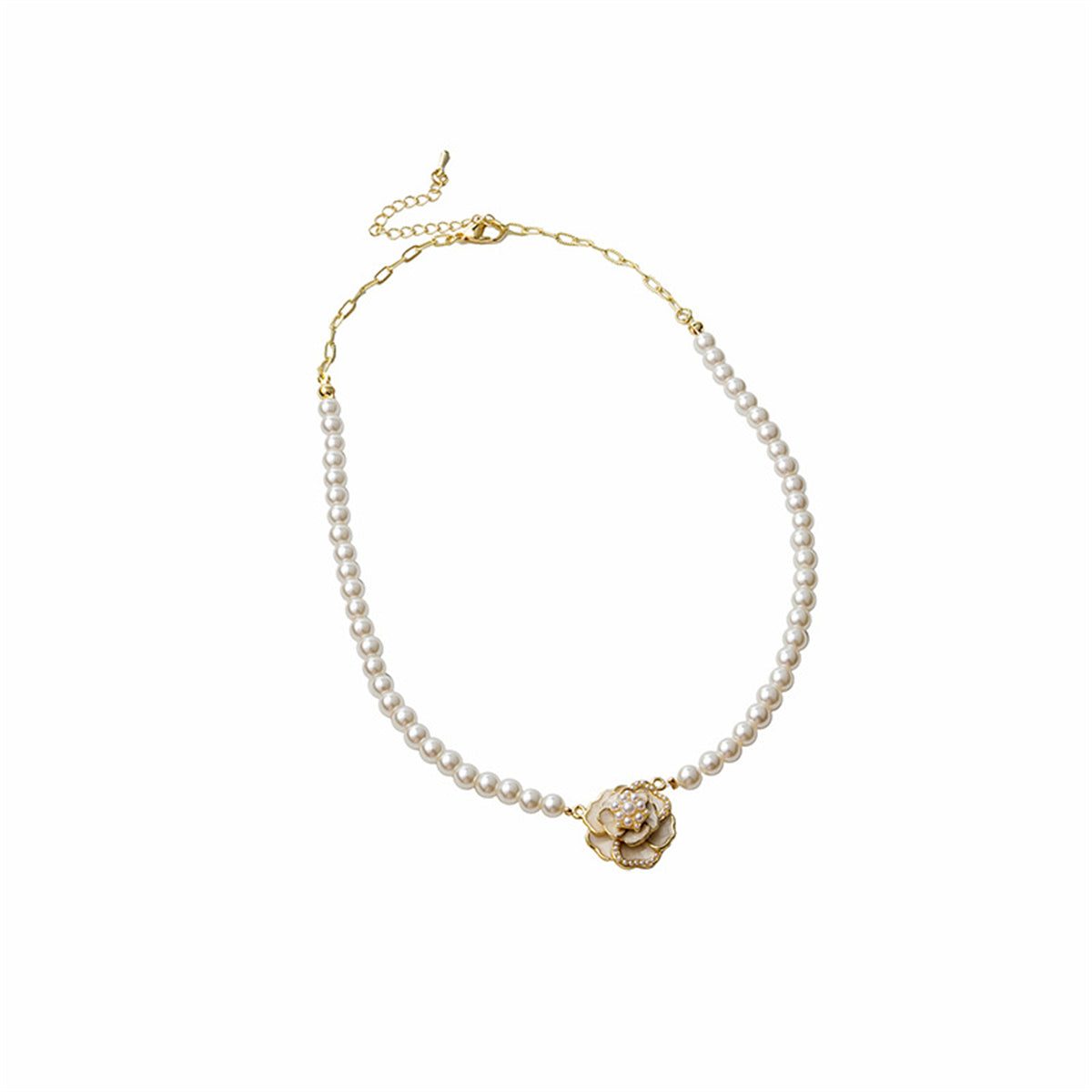 Pearl and Enamel 18K Gold-Plated Camellia Pendant Necklace, gold pendant necklace for women, detail close-up