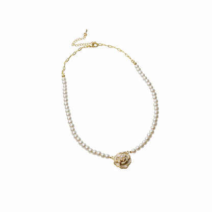 Pearl and Enamel 18K Gold-Plated Camellia Pendant Necklace, gold pendant necklace for women, detail close-up