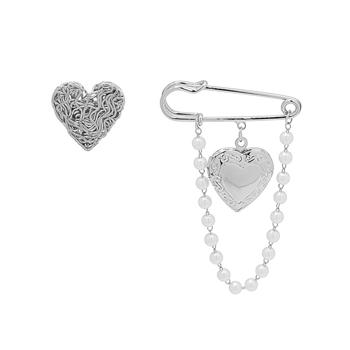 Pearl & Silver-Plated Chain Heart Brooch - Set Of Two