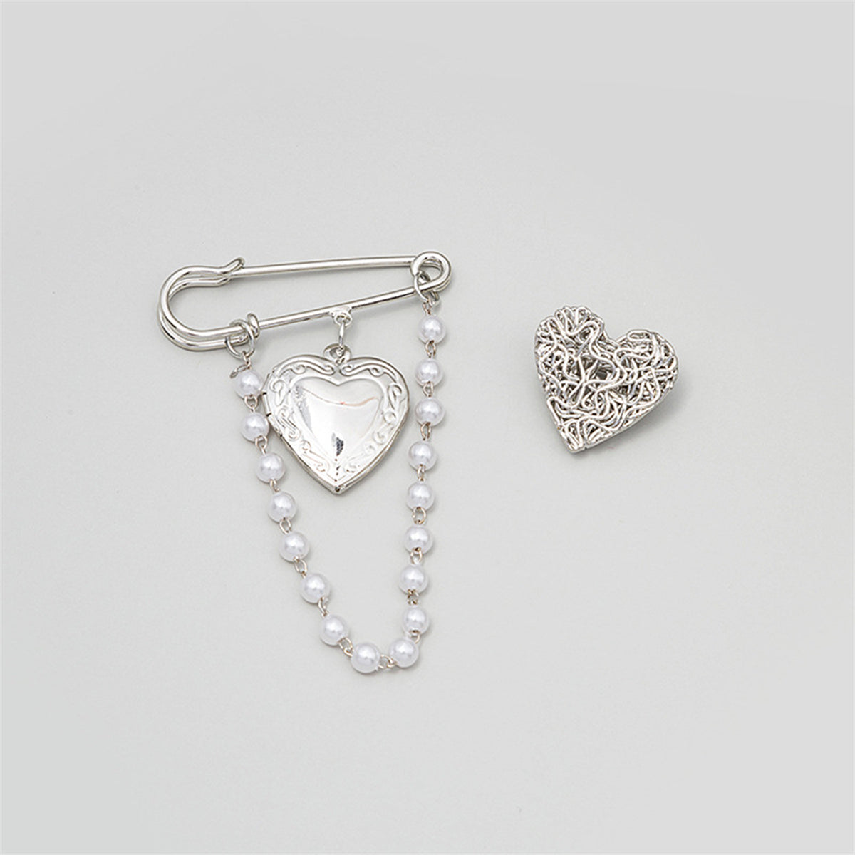 Pearl & Silver-Plated Chain Heart Brooch - Set Of Two