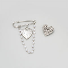 Pearl & Silver-Plated Chain Heart Brooch - Set Of Two