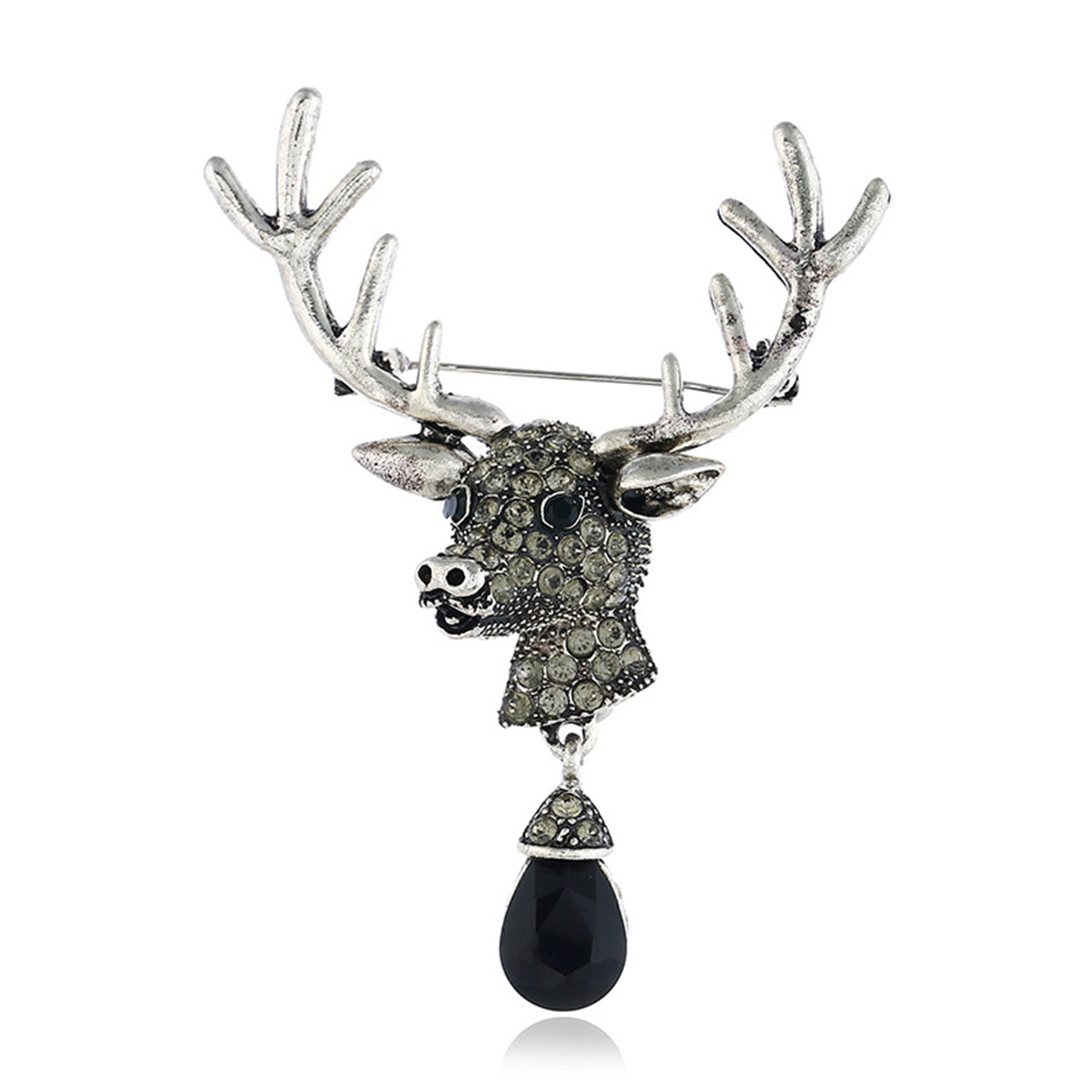 Black Crystal and Silver-Plated Cubic Zirconia-Accent Reindeer Brooch, silver brooch pin, front view