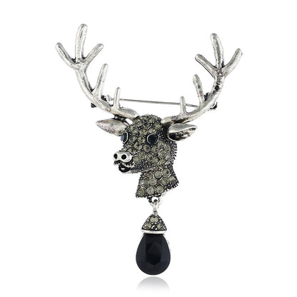 Black Crystal and Silver-Plated Cubic Zirconia-Accent Reindeer Brooch, silver brooch pin, front view