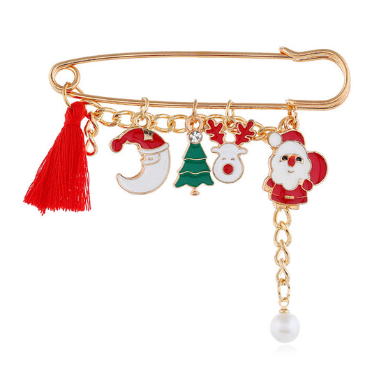 Cubic Zirconia and Pearl Enamel 18K Gold-Plated Christmas Tree Pin Brooch, gold brooch pin, everyday style, front view