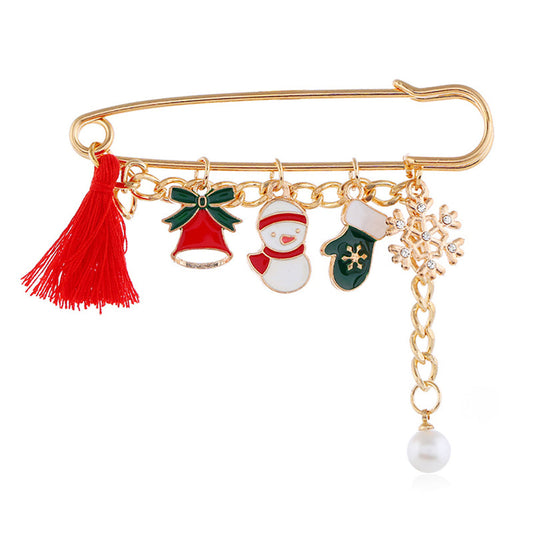 Cubic Zirconia and Pearl 18K Gold-Plated Bell Snowman Pin Brooch, gold brooch pin, vintage-inspired design, front view
