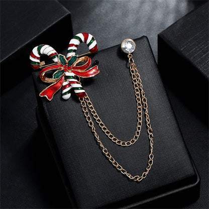 Cubic Zirconia and 18K Gold-Plated Candy Cane Chain Brooch, gold brooch pin, botanical inspired, front view