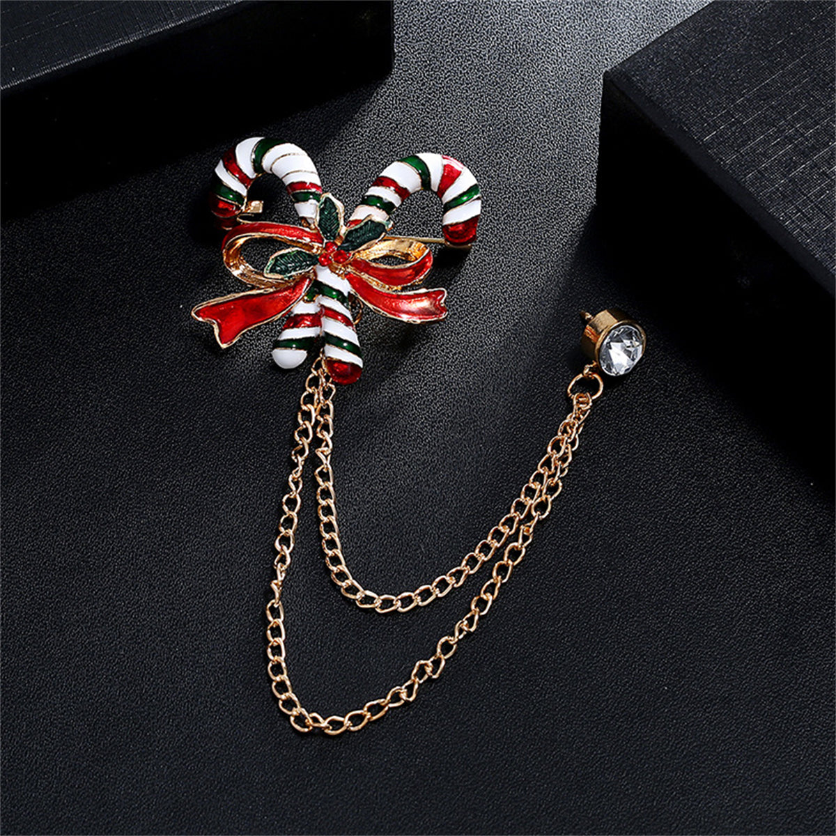 Cubic Zirconia and 18K Gold-Plated Candy Cane Chain Brooch, gold brooch pin, botanical inspired, detail close-up