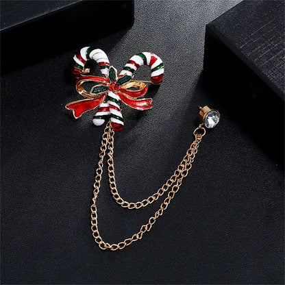 Cubic Zirconia and 18K Gold-Plated Candy Cane Chain Brooch, gold brooch pin, botanical inspired, detail close-up